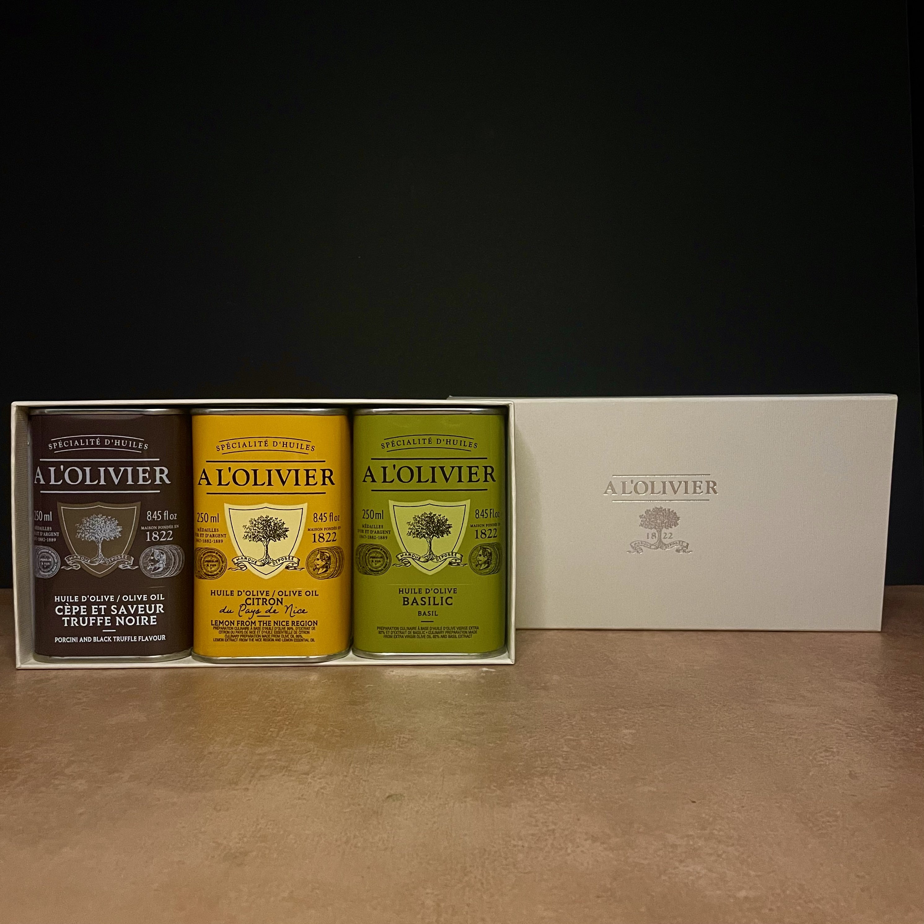 A L'Olivier French oil gift set with three 250ml bottles
